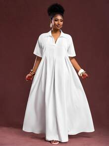 Veslaya Spring/Summer New Vacation, Commute & Daily Casual V-Neck Pleated Loose White Plus Size Short Sleeve Shirt Dress For Plus Size Women - Z - White - View 4
