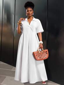 Veslaya Spring/Summer New Vacation, Commute & Daily Casual V-Neck Pleated Loose White Plus Size Short Sleeve Shirt Dress For Plus Size Women - Z - White - View 3