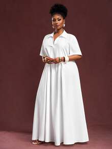 Veslaya Spring/Summer New Vacation, Commute & Daily Casual V-Neck Pleated Loose White Plus Size Short Sleeve Shirt Dress For Plus Size Women - Z - White - View 9