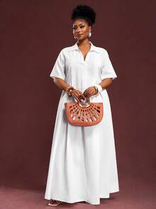 Veslaya Spring/Summer New Vacation, Commute & Daily Casual V-Neck Pleated Loose White Plus Size Short Sleeve Shirt Dress For Plus Size Women - Z - White - View 7