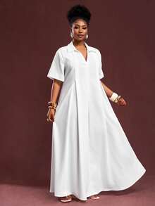 Veslaya Spring/Summer New Vacation, Commute & Daily Casual V-Neck Pleated Loose White Plus Size Short Sleeve Shirt Dress For Plus Size Women - Z - White - View 5