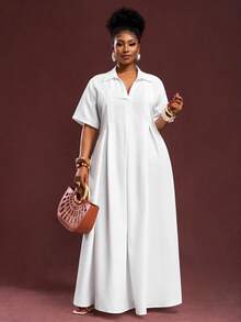 Veslaya Spring/Summer New Vacation, Commute & Daily Casual V-Neck Pleated Loose White Plus Size Short Sleeve Shirt Dress For Plus Size Women - Z - White - View 8