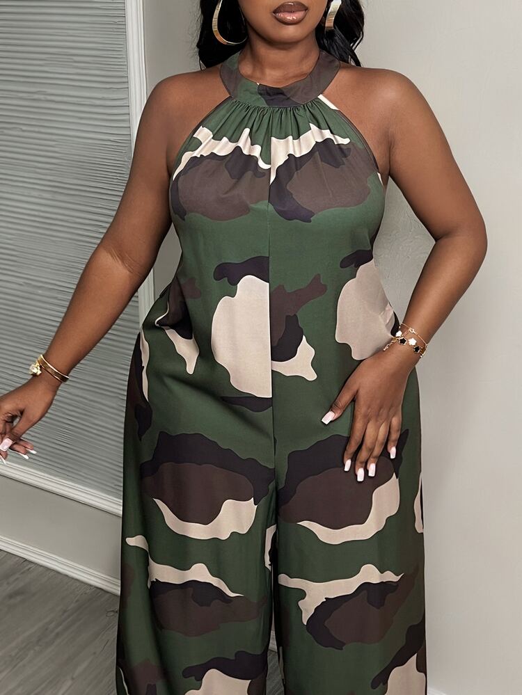Veslaya Plus Size Loose Camouflage Jumpsuit With Halter, For Summer - Multicolor - View 7