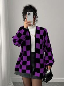 Elenzga 女款大尺碼開襟衫 黑白格紋拼色拼接棋盤格鬆弛版型外套，秋冬休閒返校畢業季 - 紫色 - 查看 3