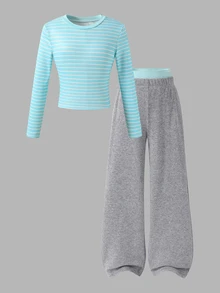 SHEIN Sparklyn Tween Girl) Casual Versatile All-Match Daily Slim Fit Short Striped Print Knit Top + Elastic Straight Leg Long Pants Set, Suitable For Daily Commute, School, Sports Wear - Grey - View 3