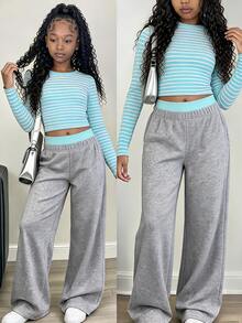 SHEIN Sparklyn Tween Girl) Casual Versatile All-Match Daily Slim Fit Short Striped Print Knit Top + Elastic Straight Leg Long Pants Set, Suitable For Daily Commute, School, Sports Wear - Grey - View 1