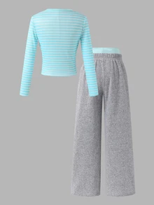 SHEIN Sparklyn Tween Girl) Casual Versatile All-Match Daily Slim Fit Short Striped Print Knit Top + Elastic Straight Leg Long Pants Set, Suitable For Daily Commute, School, Sports Wear - Grey - View 2