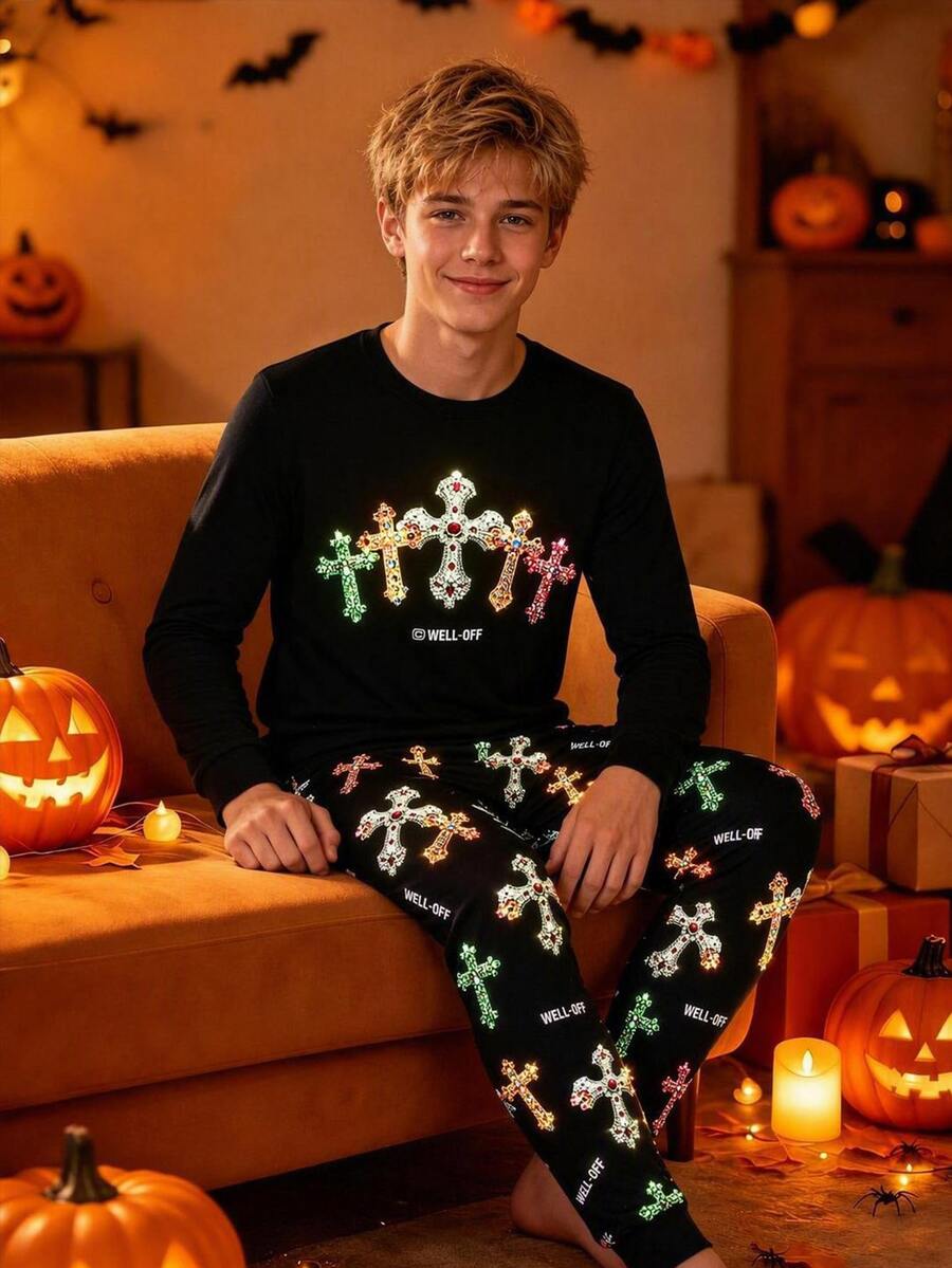 SHEIN 2pcs Teen Boys Style New Long Sleeve T-Shirt And Pants Set, Slim Fit Pajamas Homewear, Comfortable Fashion Simple Practical Versatile Soft Fabric Suitable For Daily Wear, Home Wear, Inner Layer, Suitable For Autumn/Winter