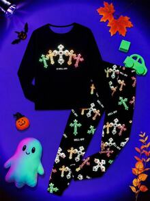 SHEIN 2pcs Teen Boys Style New Long Sleeve T-Shirt And Pants Set, Slim Fit Pajamas Homewear, Comfortable Fashion Simple Practical Versatile Soft Fabric Suitable For Daily Wear, Home Wear, Inner Layer, Suitable For Autumn/Winter - Multicolor - View 3