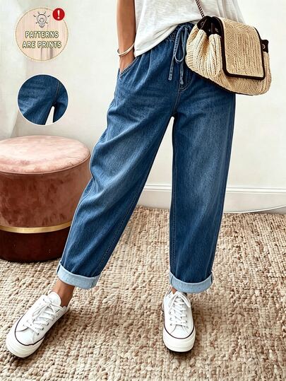 SHEIN Holidaya بنطلون جينز مطبوع طويل بقصة ضيقة للنساء، بنطلون كاجوال صيفي للعطلات، بنطلون جوغر بقصة عادية، خصر مطاطي، جيوب مائلة، رباط وربطة، بنطلون طويل للعودة إلى المدرسة، بنطلون طويل لملابس التنقل للنساء، بنطلون طويل لملابس العطلات، بنطلون طويل لملابس الإجازة، بنطلون طويل لملابس الخروج