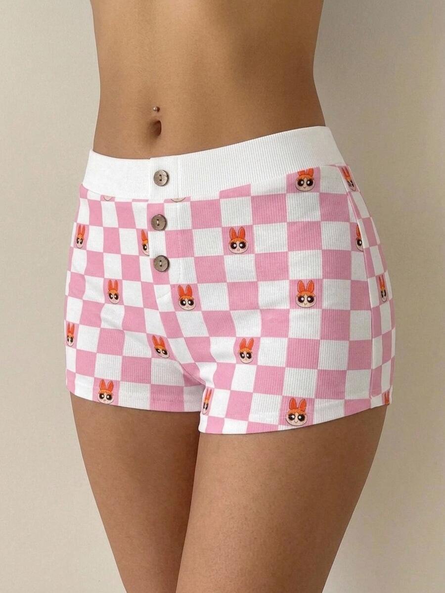 THE POWERPUFF GIRLS X SHEIN SHEIN ICON 女款羅紋舒適開胯格紋印花聯名短褲,適合外出、街頭穿搭、Y2K可愛風、機場穿搭、居家休閒,白色與粉色 - 彩色 - 查看 1