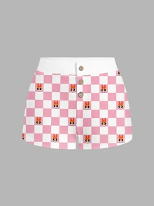 THE POWERPUFF GIRLS X SHEIN SHEIN ICON 女款羅紋舒適開胯格紋印花聯名短褲，適合外出、街頭穿搭、Y2K可愛風、機場穿搭、居家休閒，白色與粉色 - 彩色 - 查看 5