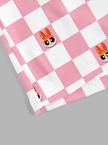 THE POWERPUFF GIRLS X SHEIN SHEIN ICON 女款羅紋舒適開胯格紋印花聯名短褲，適合外出、街頭穿搭、Y2K可愛風、機場穿搭、居家休閒，白色與粉色 - 彩色 - 查看 4