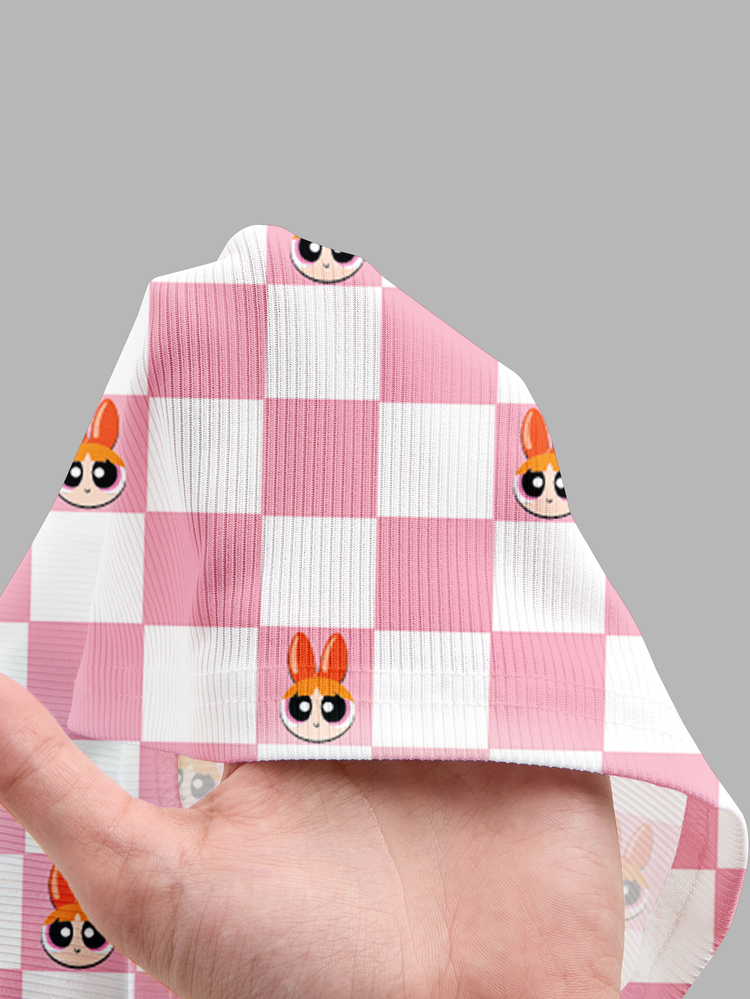 THE POWERPUFF GIRLS X SHEIN SHEIN ICON Women's Ribbed Comfortable Open-Crotch Checkered Print Collaboration Shorts For Outings Street Wear Y2k Cute Airport Wear Home Lounge White And Pink - Multicolor - View 6