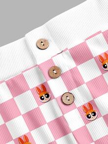 THE POWERPUFF GIRLS X SHEIN SHEIN ICON 女款羅紋舒適開胯格紋印花聯名短褲，適合外出、街頭穿搭、Y2K可愛風、機場穿搭、居家休閒，白色與粉色 - 彩色 - 查看 3