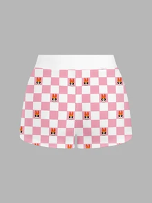 THE POWERPUFF GIRLS X SHEIN SHEIN ICON 女款羅紋舒適開胯格紋印花聯名短褲，適合外出、街頭穿搭、Y2K可愛風、機場穿搭、居家休閒，白色與粉色 - 彩色 - 查看 2