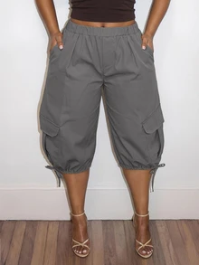 Slaydiva Plus Size Elastic Waist Cargo Tie-Up Capri Pants - Dark Grey - View 7