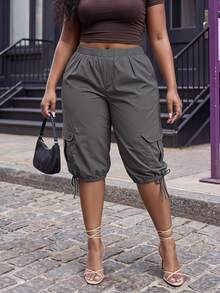 Slaydiva Plus Size Elastic Waist Cargo Tie-Up Capri Pants - Dark Grey - View 1