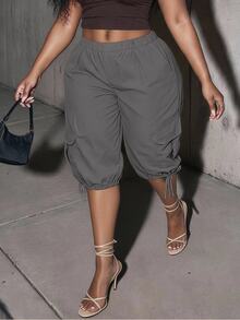 Slaydiva Plus Size Elastic Waist Cargo Tie-Up Capri Pants - Dark Grey - View 4