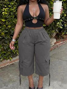 Slaydiva Plus Size Elastic Waist Cargo Tie-Up Capri Pants - Dark Grey - View 5