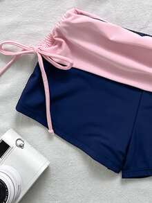 Elavelle Navy Blue And Two Pieces Bikini With Halter Strap, Triangle Cup, Drawstring, Flat-Bottom Pants, Slimming Hot Summer Vacation Bikini Beach Party Sexy - Blue - View 7