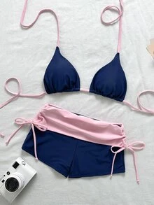Elavelle Navy Blue And Two Pieces Bikini With Halter Strap, Triangle Cup, Drawstring, Flat-Bottom Pants, Slimming Hot Summer Vacation Bikini Beach Party Sexy - Blue - View 4