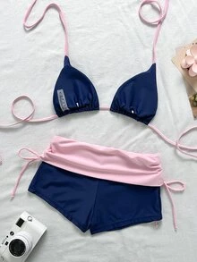 Elavelle Navy Blue And Two Pieces Bikini With Halter Strap, Triangle Cup, Drawstring, Flat-Bottom Pants, Slimming Hot Summer Vacation Bikini Beach Party Sexy - Blue - View 3