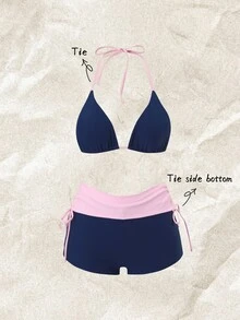 Elavelle Navy Blue And Two Pieces Bikini With Halter Strap, Triangle Cup, Drawstring, Flat-Bottom Pants, Slimming Hot Summer Vacation Bikini Beach Party Sexy - Blue - View 1