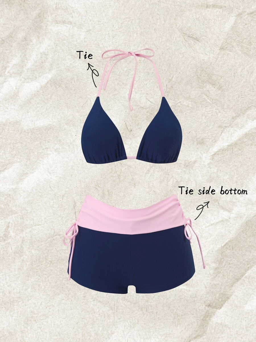 Elavelle Navy Blue And Two Pieces Bikini With Halter Strap, Triangle Cup, Drawstring, Flat-Bottom Pants, Slimming Hot Summer Vacation Bikini Beach Party Sexy - Blue - View 1