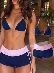 Elavelle Navy Blue And Two Pieces Bikini With Halter Strap, Triangle Cup, Drawstring, Flat-Bottom Pants, Slimming Hot Summer Vacation Bikini Beach Party Sexy - Blue - View 2