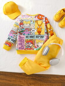 Nick 90s | SHEIN Nick 90s 2件組兒童卡通漫畫印花拼色長袖柔軟休閒衛衣褲套裝 日常穿著 - 彩色 - 查看 2