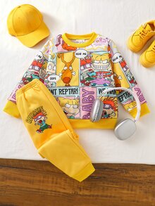 Nick 90s | SHEIN Nick 90s 2件組兒童卡通漫畫印花拼色長袖柔軟休閒衛衣褲套裝 日常穿著 - 彩色 - 查看 3