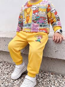 Nick 90s | SHEIN Nick 90s 2件組兒童卡通漫畫印花拼色長袖柔軟休閒衛衣褲套裝 日常穿著 - 彩色 - 查看 1