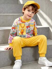 Nick 90s | SHEIN Nick 90s 2件組兒童卡通漫畫印花拼色長袖柔軟休閒衛衣褲套裝 日常穿著 - 彩色 - 查看 8