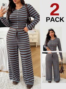 SHEIN EZwear Casual Striped Top And Pants Plus Size Women's Set Fall - Multicolor - View 5
