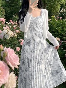 Feyla Women's Spring/Summer Casual Vacation Style Allover Print Pleated Hem Camisole Dress And Cropped Cardigan 2-Piece Set - White - View 6