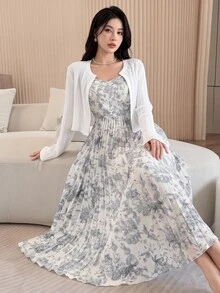 Feyla Women's Spring/Summer Casual Vacation Style Allover Print Pleated Hem Camisole Dress And Cropped Cardigan 2-Piece Set - White - View 2