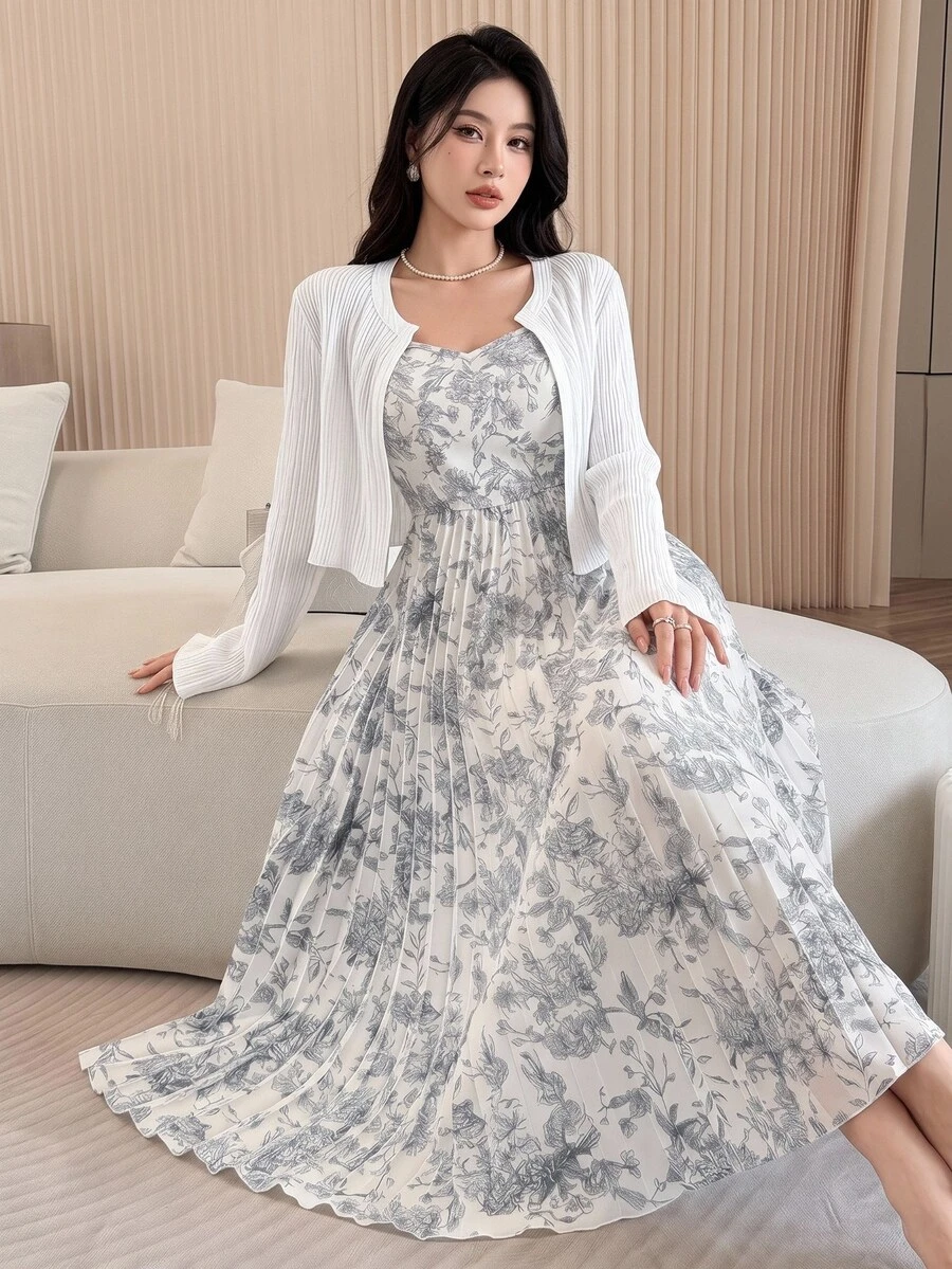 Feyla Women's Spring/Summer Casual Vacation Style Allover Print Pleated Hem Camisole Dress And Cropped Cardigan 2-Piece Set
