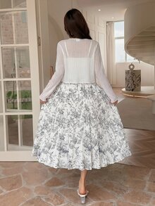 Feyla Women's Spring/Summer Casual Vacation Style Allover Print Pleated Hem Camisole Dress And Cropped Cardigan 2-Piece Set - White - View 7