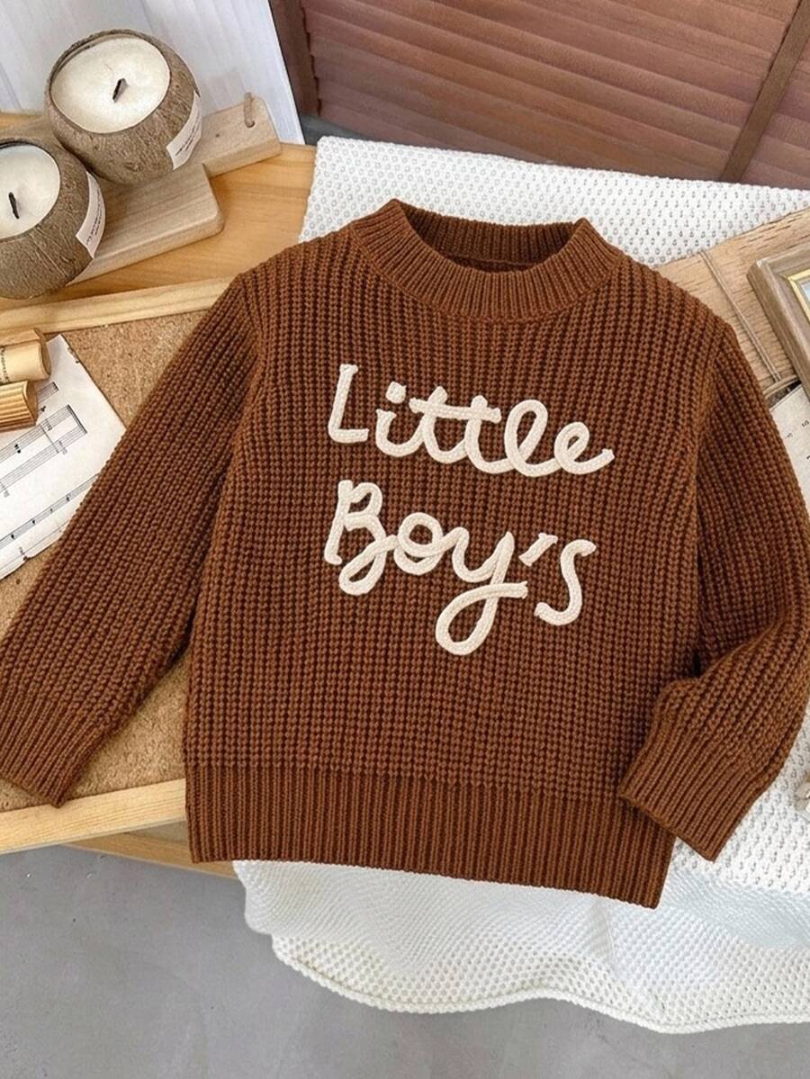 SHEIN Young Boys Cute Slogan Pattern Brown Crew Neck Sweater Knit, Baby Boy Fall/Winter Clothes, Squishy, Vintage - Coffee Brown - View 1