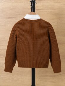 SHEIN 小男孩可愛標語圖案棕色圓領針織毛衣，嬰兒男童秋冬衣飾，柔軟舒適，復古風 - 咖啡棕 - 查看 2
