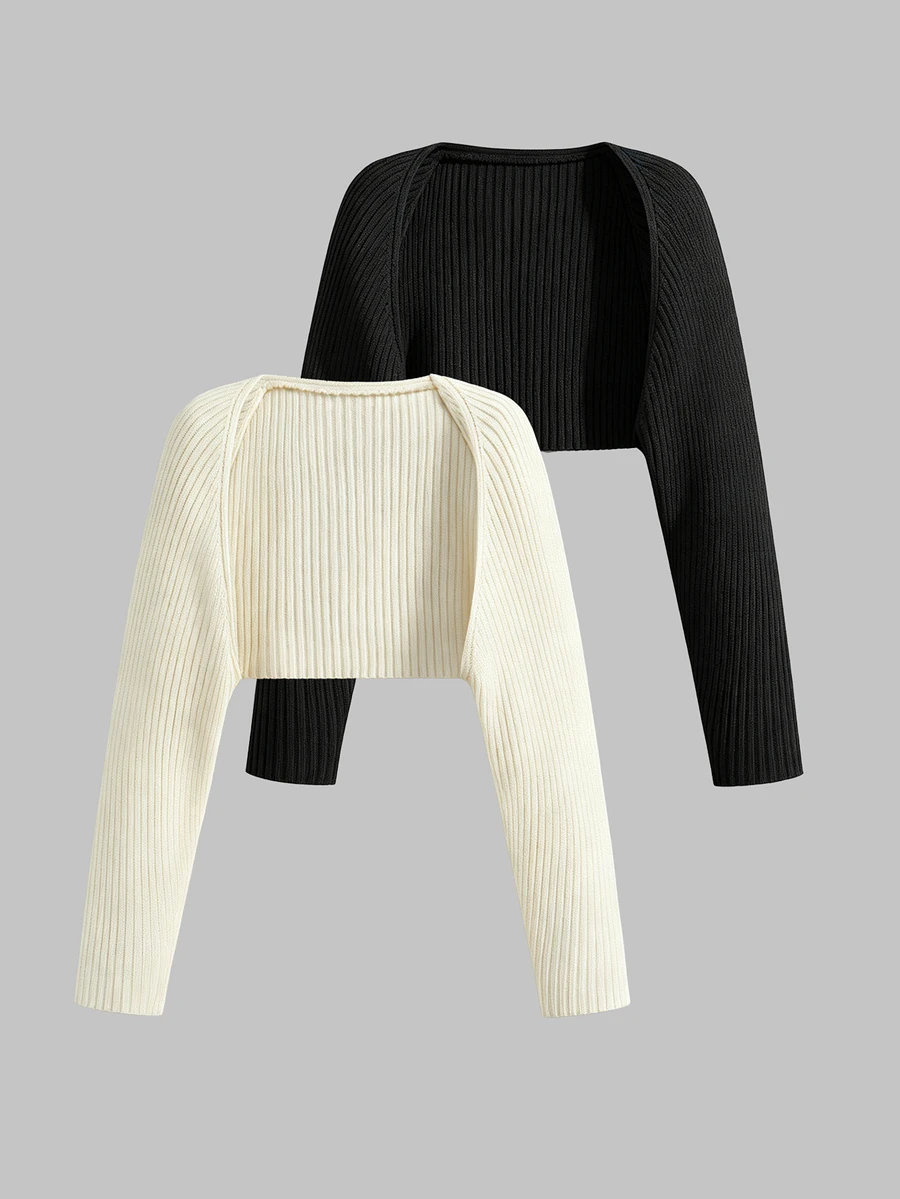 Sweetra Plus Size Women 2pcs Set Black & White Slim Fit Ribbed Long Sleeve Cropped Cover Up, Buttonless Open Front, Solid Color Versatile Outerwear Shawl Cover-Up, Thin Sun Protection Knit Top, All-Match Style, Suitable For Spring/Summer/Autumn/Winter/Back To School/Daily Commute/Outing/Date/Indoor/Outdoor/Date Outfit, Black & White 2pcs All-Match Knit Top - Black and White - View 1