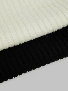 Sweetra Plus Size Women 2pcs Set Black & White Slim Fit Ribbed Long Sleeve Cropped Cover Up, Buttonless Open Front, Solid Color Versatile Outerwear Shawl Cover-Up, Thin Sun Protection Knit Top, All-Match Style, Suitable For Spring/Summer/Autumn/Winter/Back To School/Daily Commute/Outing/Date/Indoor/Outdoor/Date Outfit, Black & White 2pcs All-Match Knit Top - Black and White - View 7