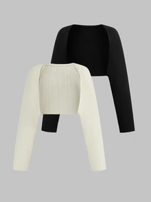 Sweetra Plus Size Women 2pcs Set Black & White Slim Fit Ribbed Long Sleeve Cropped Cover Up, Buttonless Open Front, Solid Color Versatile Outerwear Shawl Cover-Up, Thin Sun Protection Knit Top, All-Match Style, Suitable For Spring/Summer/Autumn/Winter/Back To School/Daily Commute/Outing/Date/Indoor/Outdoor/Date Outfit, Black & White 2pcs All-Match Knit Top - Black and White - View 16