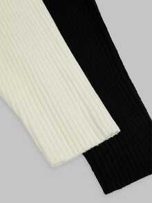 Sweetra Plus Size Women 2pcs Set Black & White Slim Fit Ribbed Long Sleeve Cropped Cover Up, Buttonless Open Front, Solid Color Versatile Outerwear Shawl Cover-Up, Thin Sun Protection Knit Top, All-Match Style, Suitable For Spring/Summer/Autumn/Winter/Back To School/Daily Commute/Outing/Date/Indoor/Outdoor/Date Outfit, Black & White 2pcs All-Match Knit Top - Black and White - View 8