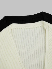 Sweetra Plus Size Women 2pcs Set Black & White Slim Fit Ribbed Long Sleeve Cropped Cover Up, Buttonless Open Front, Solid Color Versatile Outerwear Shawl Cover-Up, Thin Sun Protection Knit Top, All-Match Style, Suitable For Spring/Summer/Autumn/Winter/Back To School/Daily Commute/Outing/Date/Indoor/Outdoor/Date Outfit, Black & White 2pcs All-Match Knit Top - Black and White - View 12