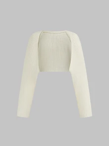 Sweetra Plus Size Women 2pcs Set Black & White Slim Fit Ribbed Long Sleeve Cropped Cover Up, Buttonless Open Front, Solid Color Versatile Outerwear Shawl Cover-Up, Thin Sun Protection Knit Top, All-Match Style, Suitable For Spring/Summer/Autumn/Winter/Back To School/Daily Commute/Outing/Date/Indoor/Outdoor/Date Outfit, Black & White 2pcs All-Match Knit Top - Black and White - View 5