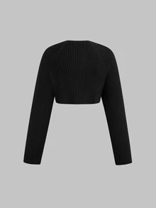 Sweetra Plus Size Women 2pcs Set Black & White Slim Fit Ribbed Long Sleeve Cropped Cover Up, Buttonless Open Front, Solid Color Versatile Outerwear Shawl Cover-Up, Thin Sun Protection Knit Top, All-Match Style, Suitable For Spring/Summer/Autumn/Winter/Back To School/Daily Commute/Outing/Date/Indoor/Outdoor/Date Outfit, Black & White 2pcs All-Match Knit Top - Black and White - View 3