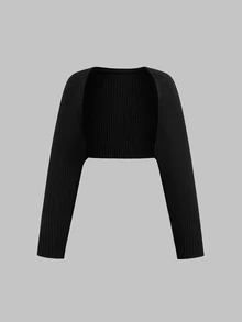 Sweetra Plus Size Women 2pcs Set Black & White Slim Fit Ribbed Long Sleeve Cropped Cover Up, Buttonless Open Front, Solid Color Versatile Outerwear Shawl Cover-Up, Thin Sun Protection Knit Top, All-Match Style, Suitable For Spring/Summer/Autumn/Winter/Back To School/Daily Commute/Outing/Date/Indoor/Outdoor/Date Outfit, Black & White 2pcs All-Match Knit Top - Black and White - View 6