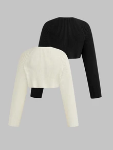 Sweetra Plus Size Women 2pcs Set Black & White Slim Fit Ribbed Long Sleeve Cropped Cover Up, Buttonless Open Front, Solid Color Versatile Outerwear Shawl Cover-Up, Thin Sun Protection Knit Top, All-Match Style, Suitable For Spring/Summer/Autumn/Winter/Back To School/Daily Commute/Outing/Date/Indoor/Outdoor/Date Outfit, Black & White 2pcs All-Match Knit Top - Black and White - View 2